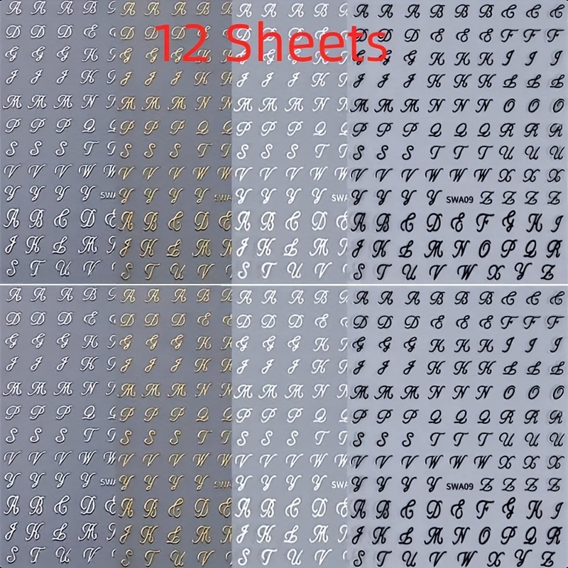 4 Sheets/8 Sheets/12 Sheets, Ancient English Letters Golden Silvery Black White 3d Pattern Nail Stickers Phone Case Additions