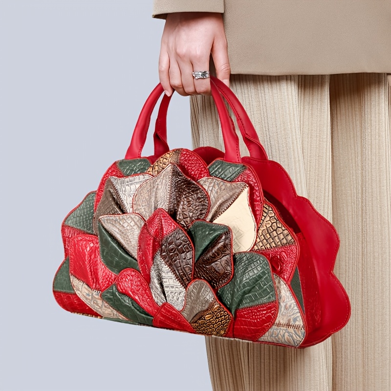 [Genuine Leather Satchel] Genuine Leather Satchel Handbag - Cobbler Legend Wo's Handmade Top Layer Cowhide with Lotus Flower & Crocodile Texture Design, Detachable Strap, Zipper Closure, Vibrant Color Block for Casual & Formal Occasions