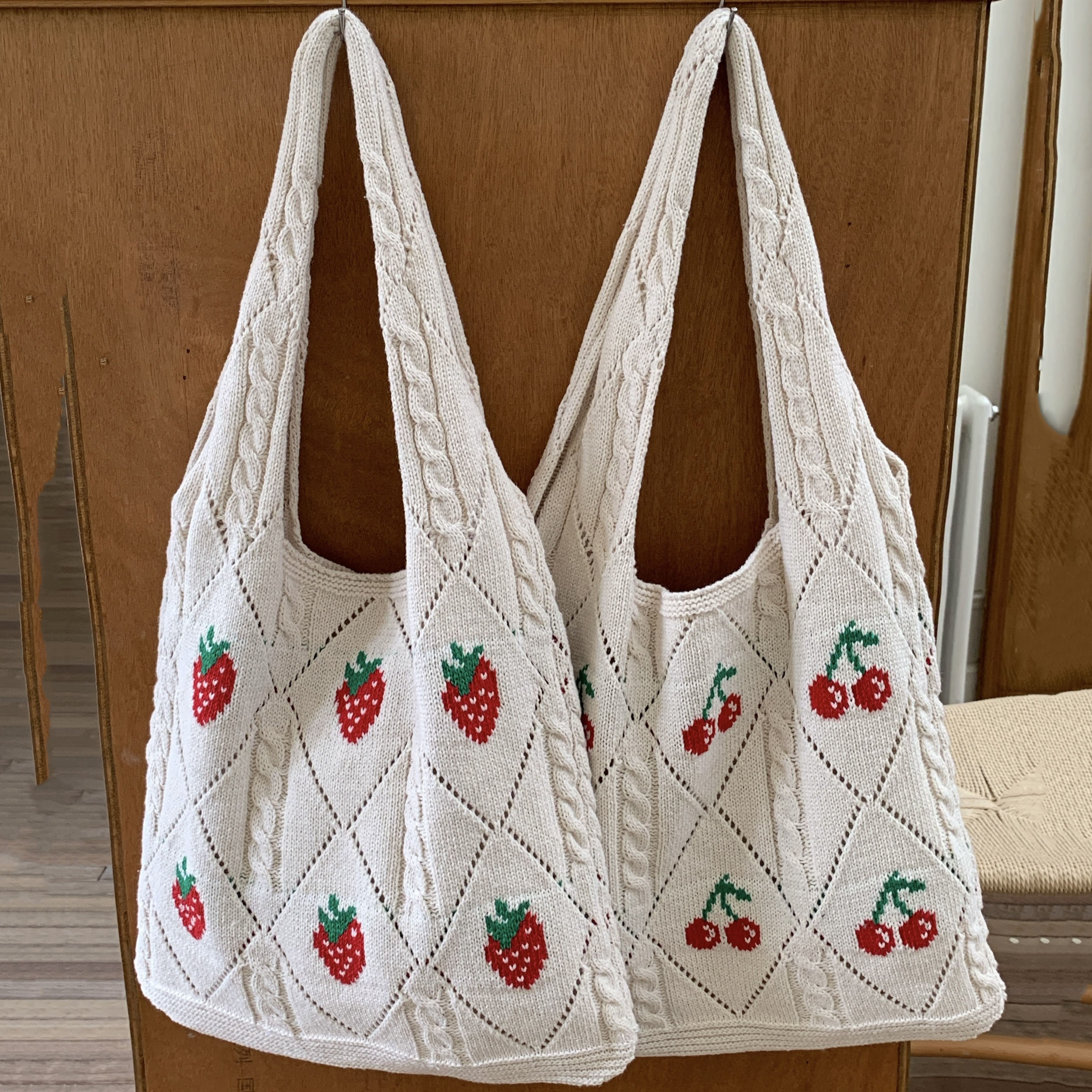 cute strawberry cherry pattern tote bag crochet shoulder bag