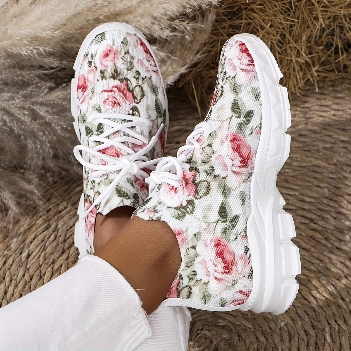 

Women's Floral Print Fashion Sneakers, Lightweight & Breathable Walking Shoes, Platform Soft Sole Lace Up Trainers