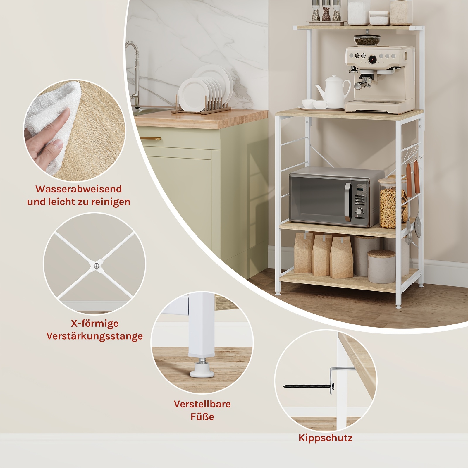 1 étagère de cuisine sur pied, étagère pour micro-ondes, étagère à pain, étagère de ménage, chêne clair + blanc