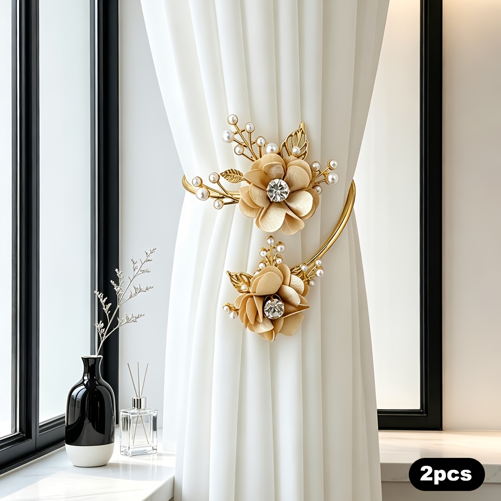 TEMU Ensemble de 2 attaches de rideau dorés de luxe en métal, attaches de rideau à ressort flexibles avec fleur en tissu, perle, strass, pinces de