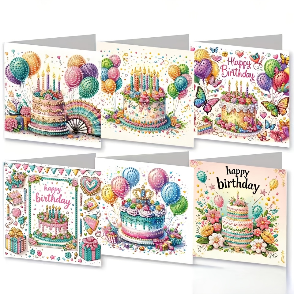 TEMU Lot de 6 cartes de vœux d'anniversaire, peinture diamant avec strass scintillants, thème coloré gâteau ballon nœud, pages intérieures vierges