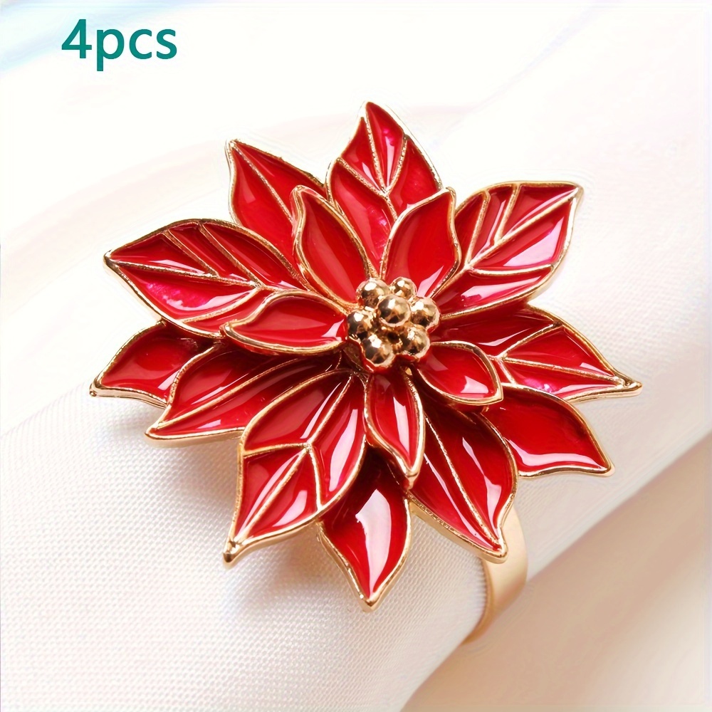 TEMU 2pcs/4pcs Christmas Napkin Ring Set Christmas Metal Napkin Ring Holders Poinsettia Napkin Table Decoration Suitable For Party Dinner