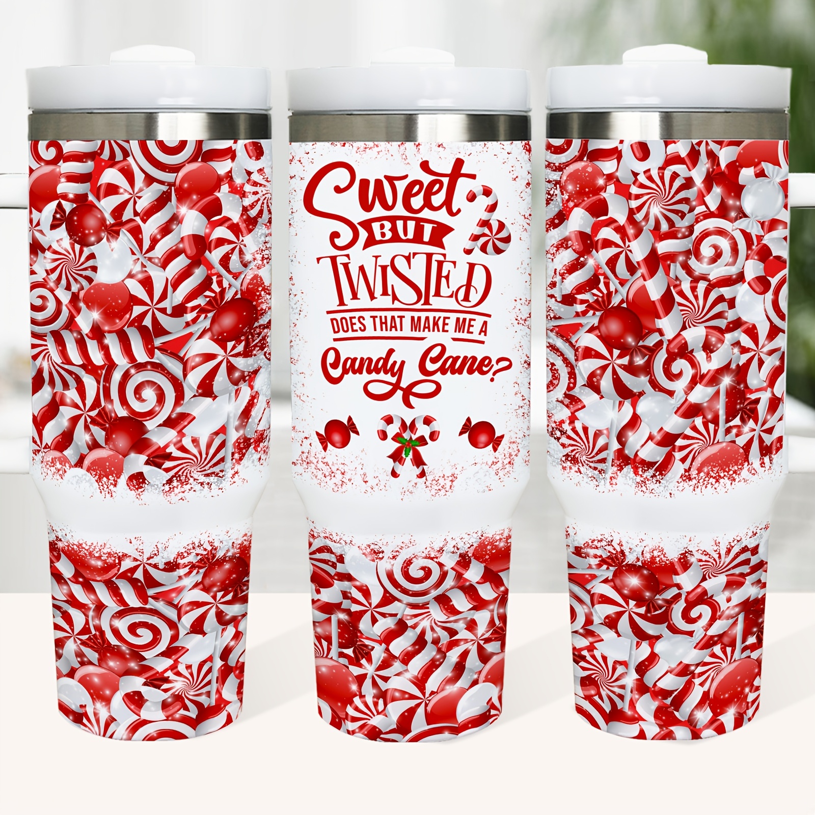 

40oz Stainless Steel With Handle - Bpa-free, Christmas Candy Cane Design, Includes Lid & Straw, Double Wall Insulated Coffee Mug For , Perfect Gift For Holidays, Best For Christmas, Thanksgiving