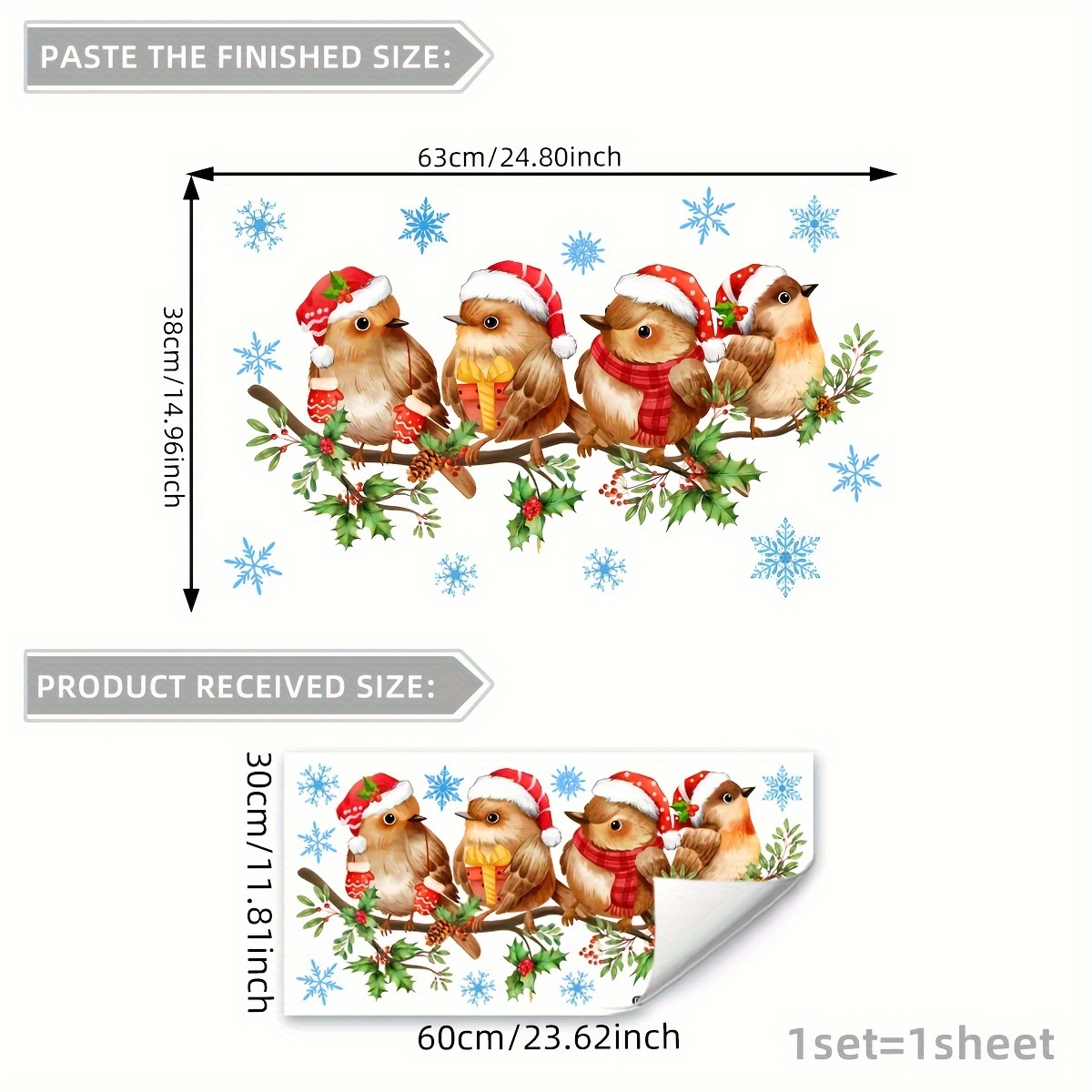 Christmas Bird With Hat Electrostatic Glass Window Cling, 12"x24", Dual-sided , Reusable Pvc Decorative Sticker For Home & Bathroom