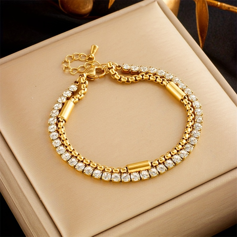 

Elegant Golden-tone Stainless Steel Bracelet With Sparkling Rhinestones - Luxurious Accessory For Parties & Gifting