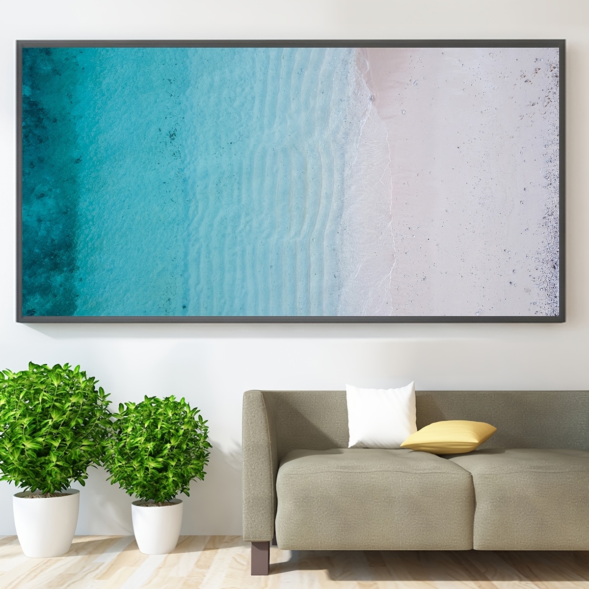 E-shop 2D Flach, 2D Flach, ein rahmenloser Leinwanddruck mit einer friedlichen Strandlandschaft mit klarem blauem und türkisfarbenen Wellenmuster, zur
