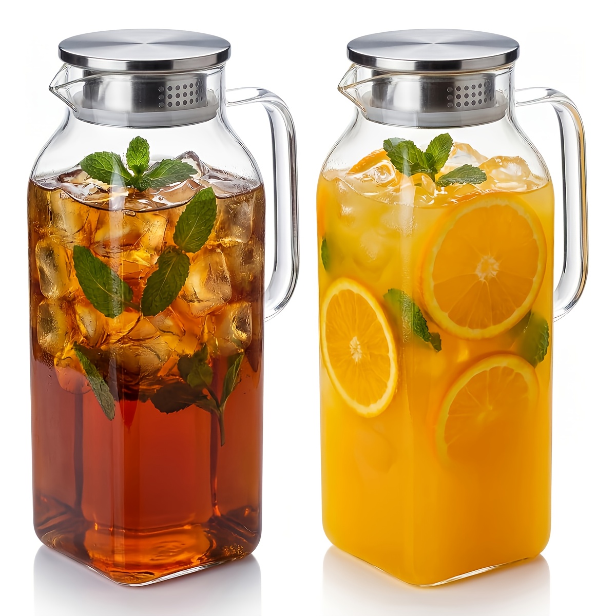 TEMU 2pcs Square Glass Beverage Dispenser, Beverage Machine With Lid And Handle, 68oz Drink Container, Borosil Heat-resistant Glass Water Bottle, For