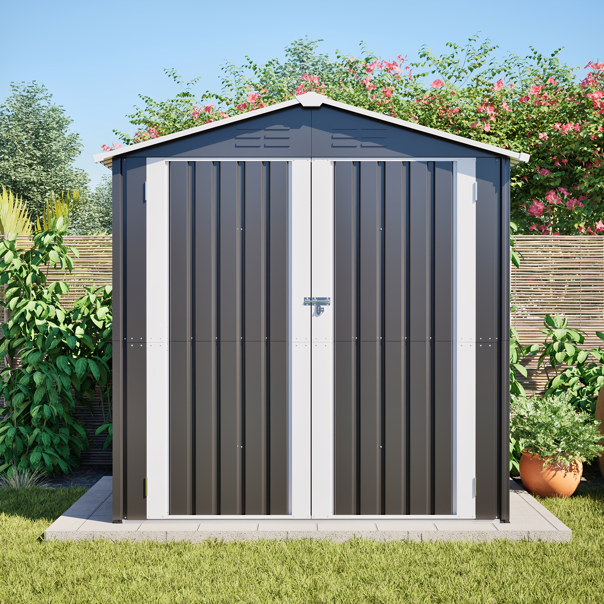 Image of Metal Storage Shed Outdoor Tool Shed, 185 X 142cm Garden House With Metal Floor Frame, Lockable Door, Ventilation Holes, Weather-resistant, For Garden Backyard, Temporary And Removable