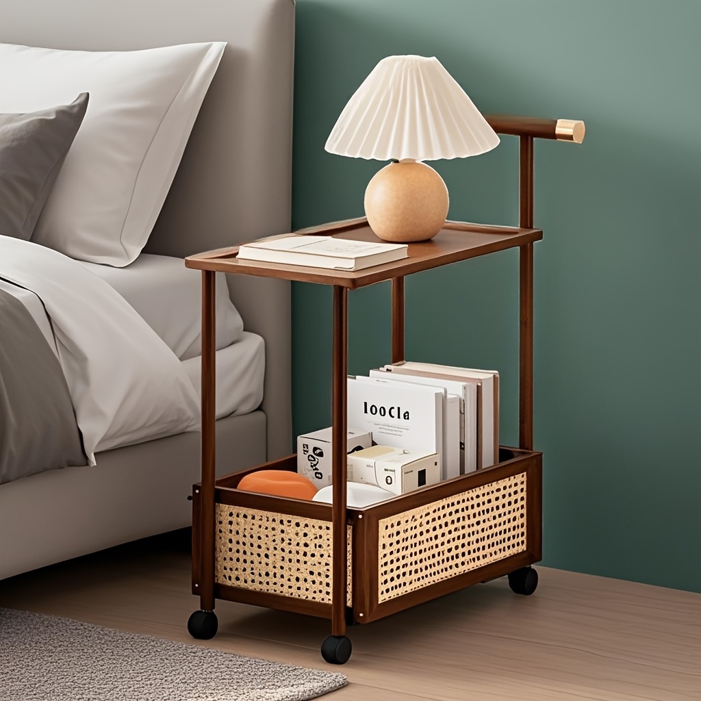 2 tier vintage rolling side table classic bedside storage cabinet with wheels suitable for bedroom living room multi functional nightstand antique details 3