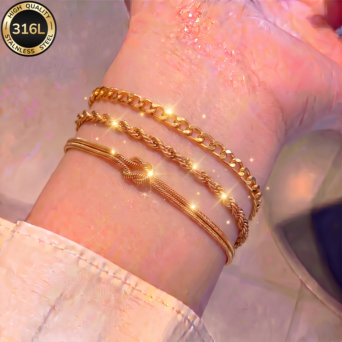 3pcs Women's 316L Stainless Steel 18K Golden Plated Bracelet Set
