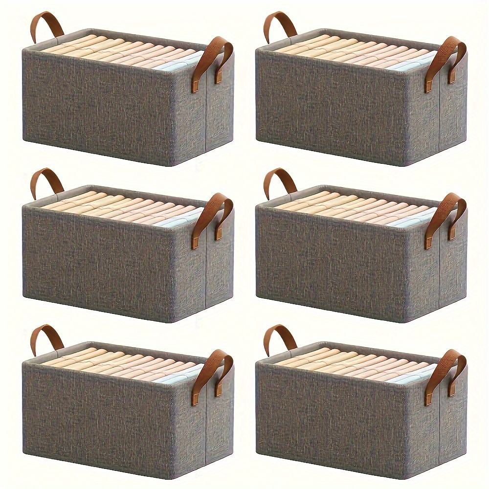 

6pcs Classic Gray Fabric Storage Baskets With Leather Handles - Sturdy, Foldable Organizer Bins For Closet Organization, Toys, Sweaters, Jeans, Blankets, Closet Organizers And Storage, Shelf Baskets