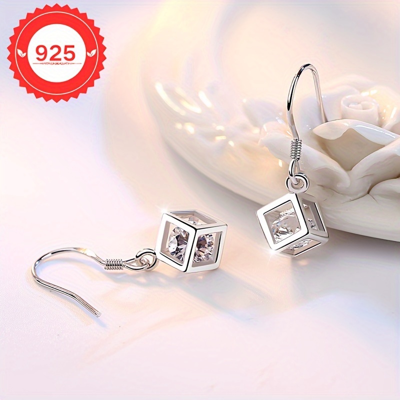 S925 Silver Geometric Cube Earrings for Girls