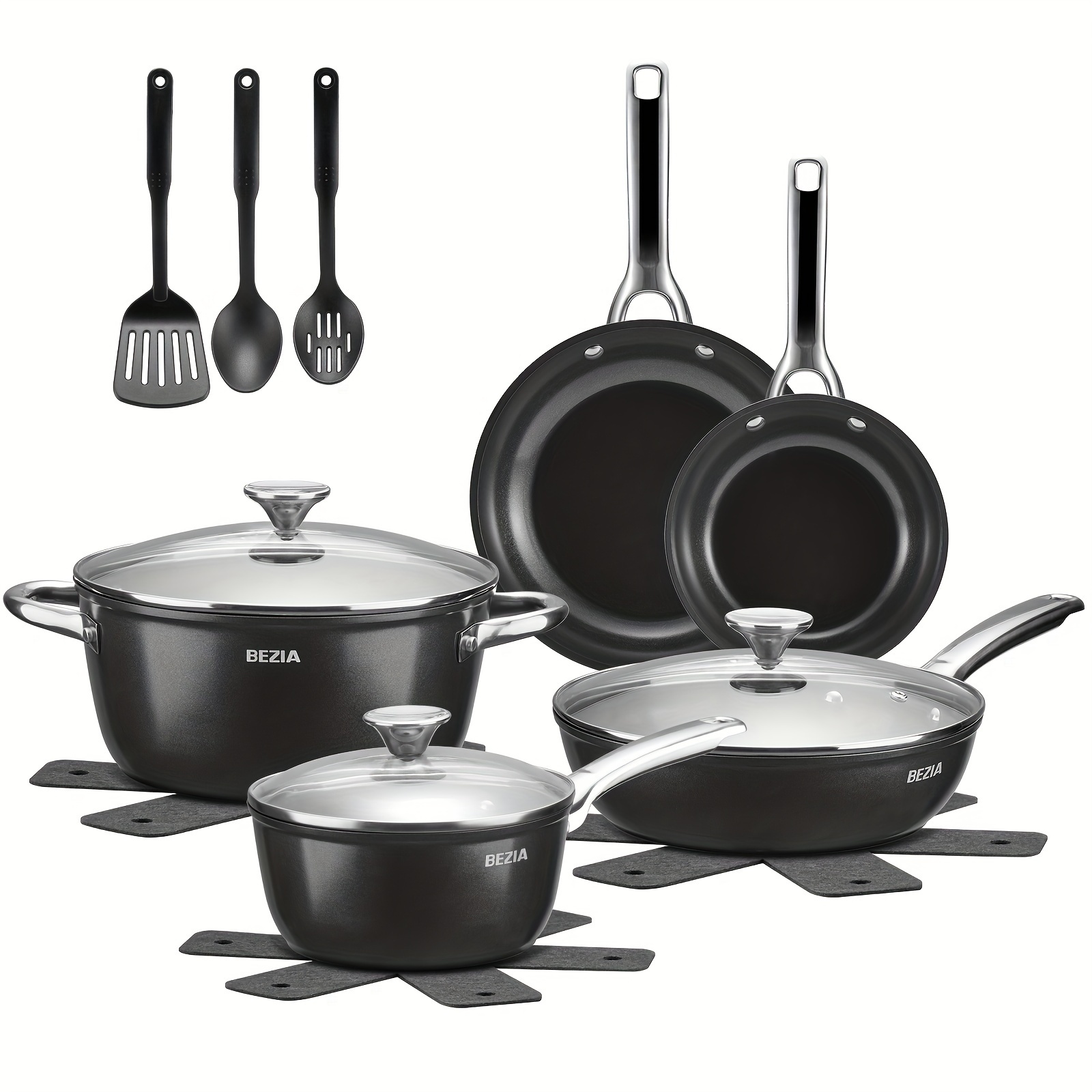 

Induction Cookware Set 15-piece, Pots And Pans Set With Healthy Ceramic Non-stick Coating, Stainless Steel Handles ＆ Lids, Dishwasher Safe ＆ Oven Safe, Compatible With All Stoves, Black