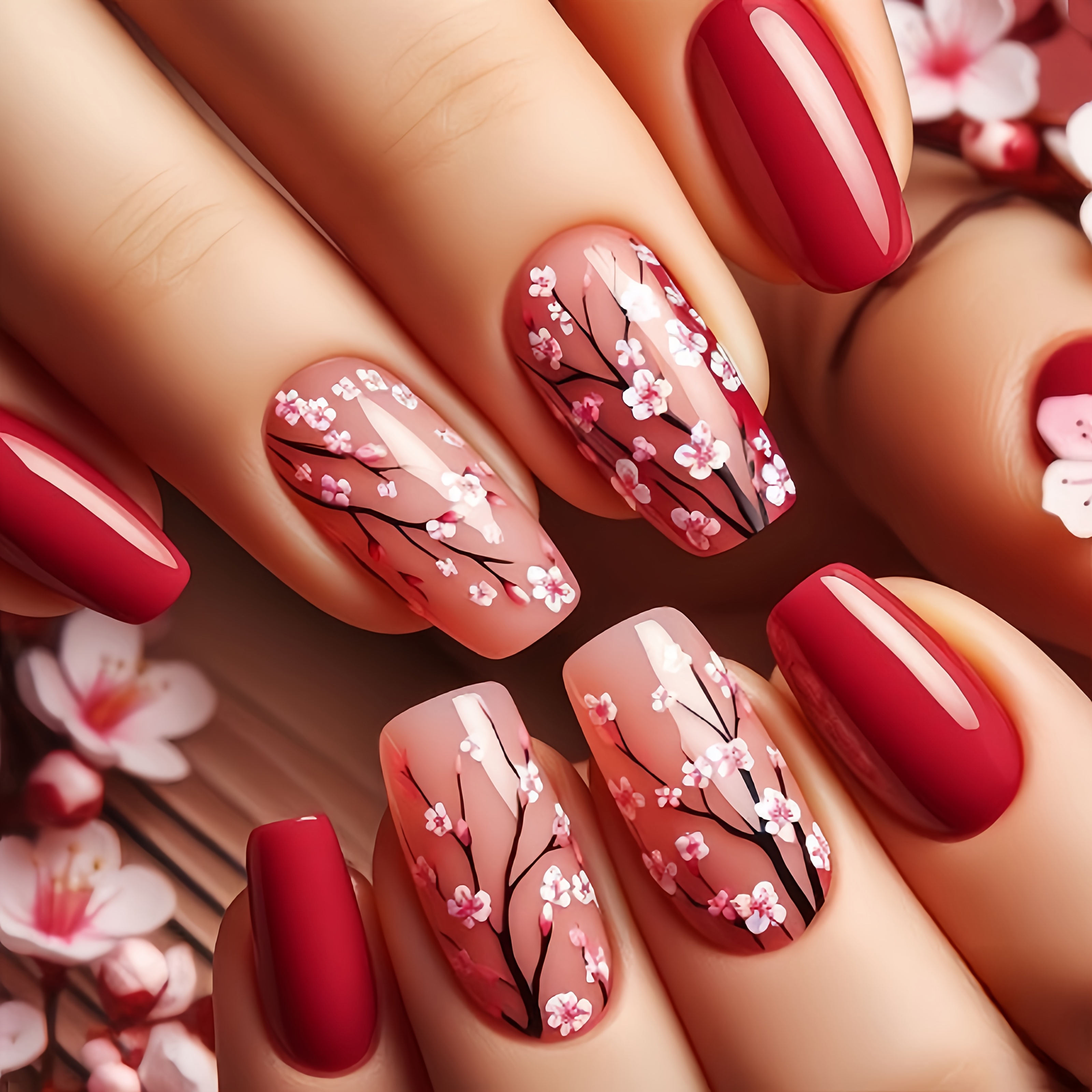 

24pcs Red Floral Cherry Press-on Nails - Medium , , Vibrant Spring/summer Design, Easy To Apply & Remove