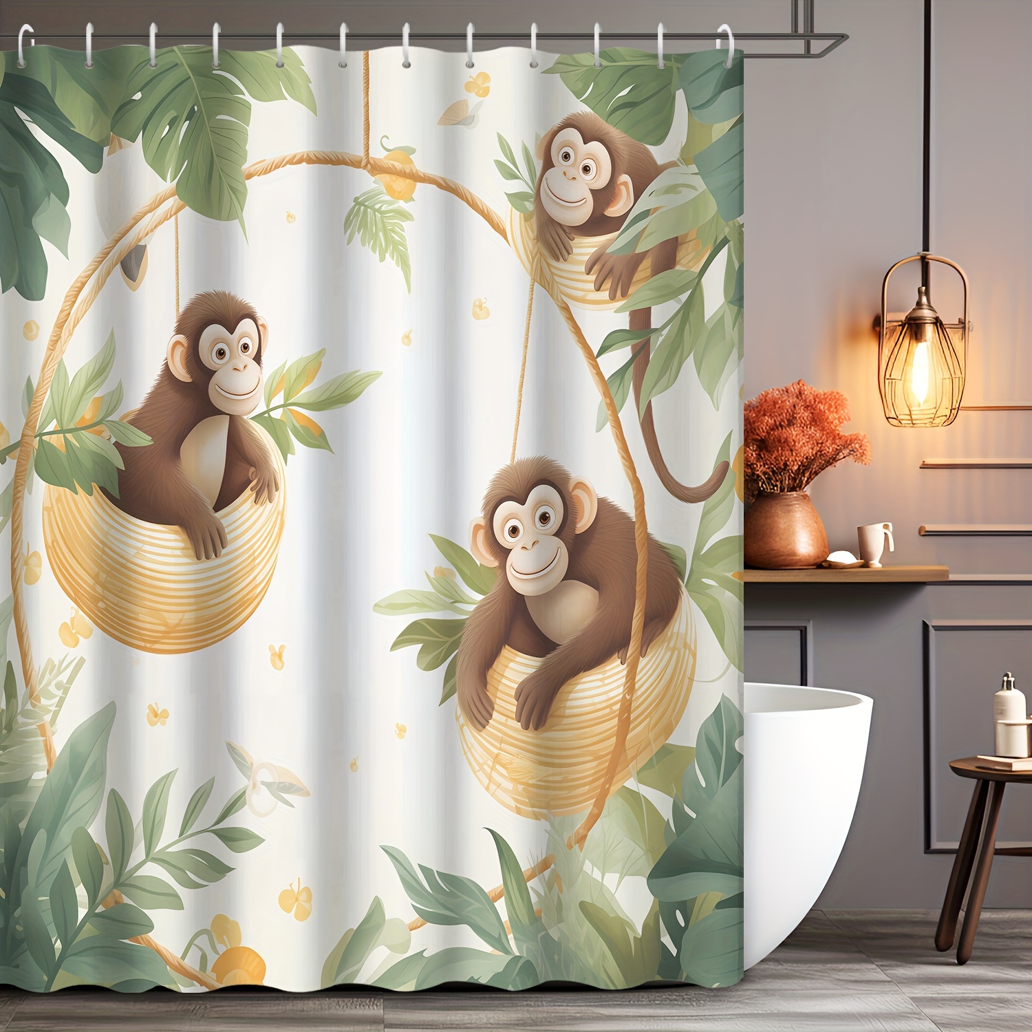 

1pc Funny Monkey Pattern Shower Curtain, Water-resistant Shower Curtain With Plastic Hooks, Bathroom Partition, Bathroom Accessories