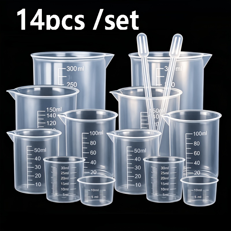 TEMU 14pcs Plastic Transparent Measuring Cup Laboratory Balance Beaker Set, Reusable And Durable (0.34oz/1.01oz/1.69oz/3.38oz/5.07oz/10. Each 2pcs)
