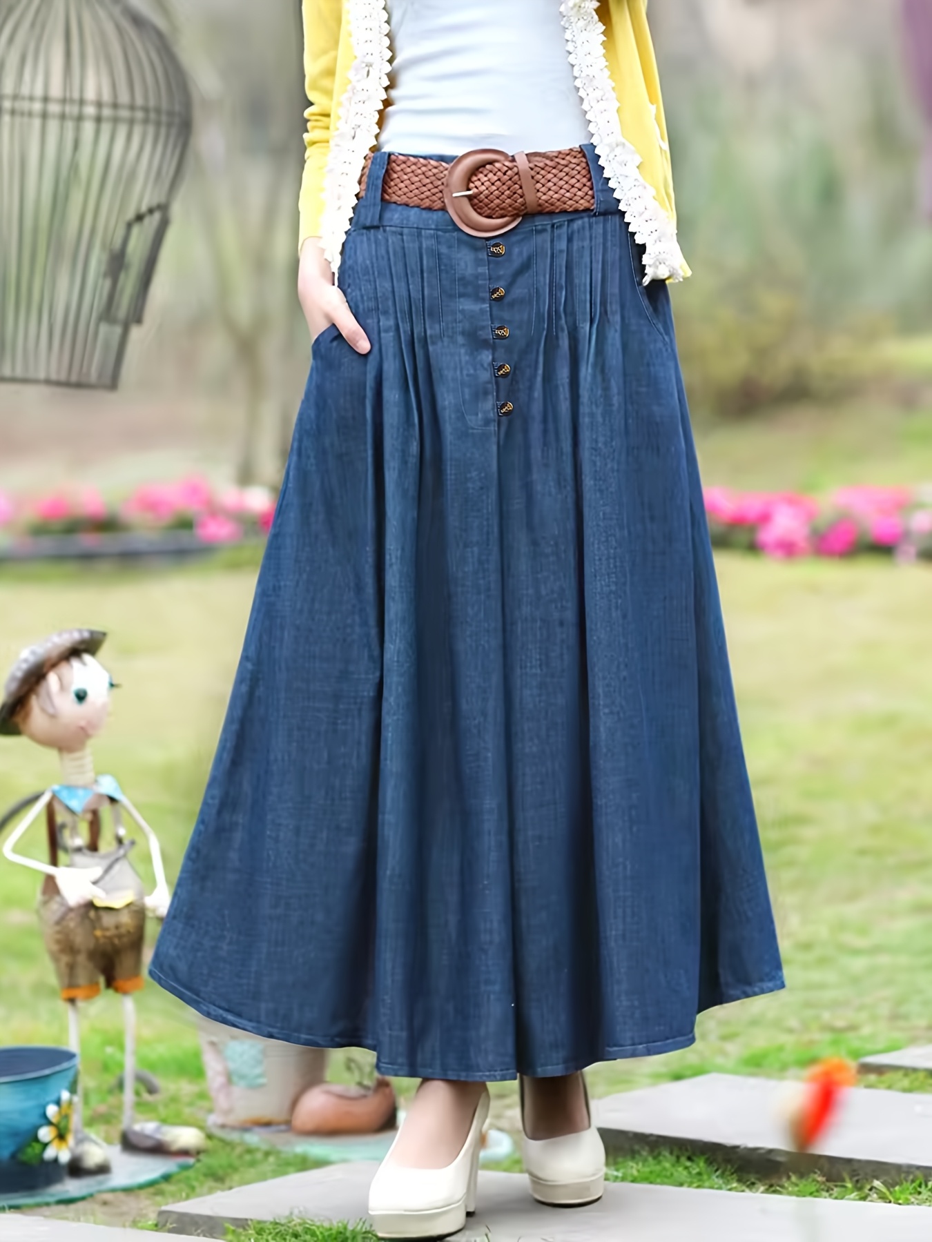 boho size women's denim midi skirt decorative Temu Saudi Arabia