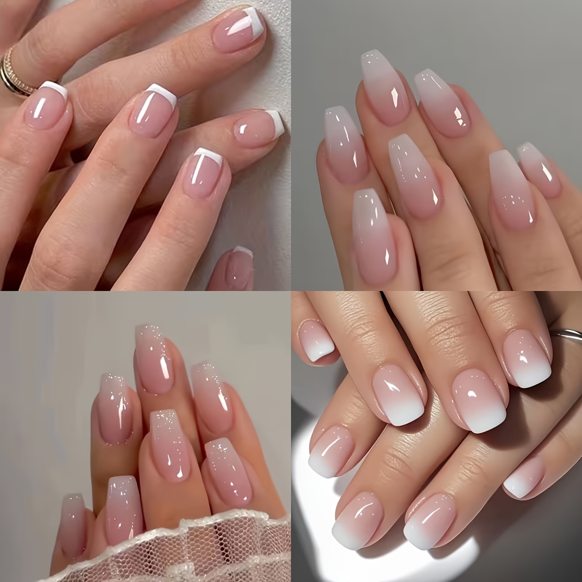 TEMU 96pcs Short Square & Ballet Press-on Nails Suitable For Women - Pink French Tip False Nails With Gradient & Solid Colors, 12 Size Options,