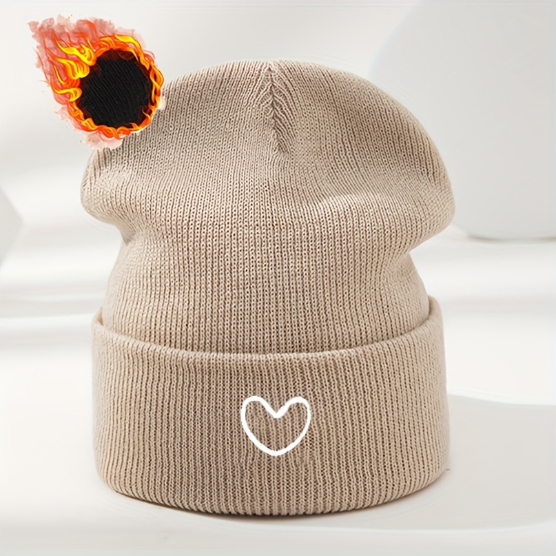Image of 1pc Pack Beanie Cold Cap Heart-shaped, White, Embroidered, Versatile Autumn Winter, 100% Acrylic, Hand Washable, , Breathable - Unisex, Suitable For Autumn Winter, Christmas And Thanksgiving