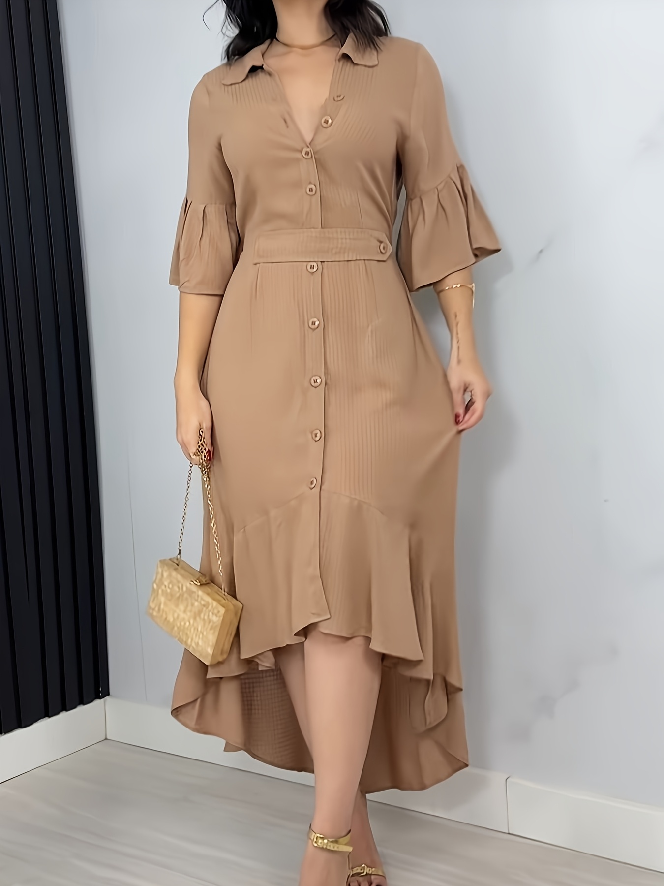 A Women'S Fitted And Casual Dress Featuring a Collar And Button Details -  Solid Color, Short in The Front And Long in The Back, A-Line Style for *