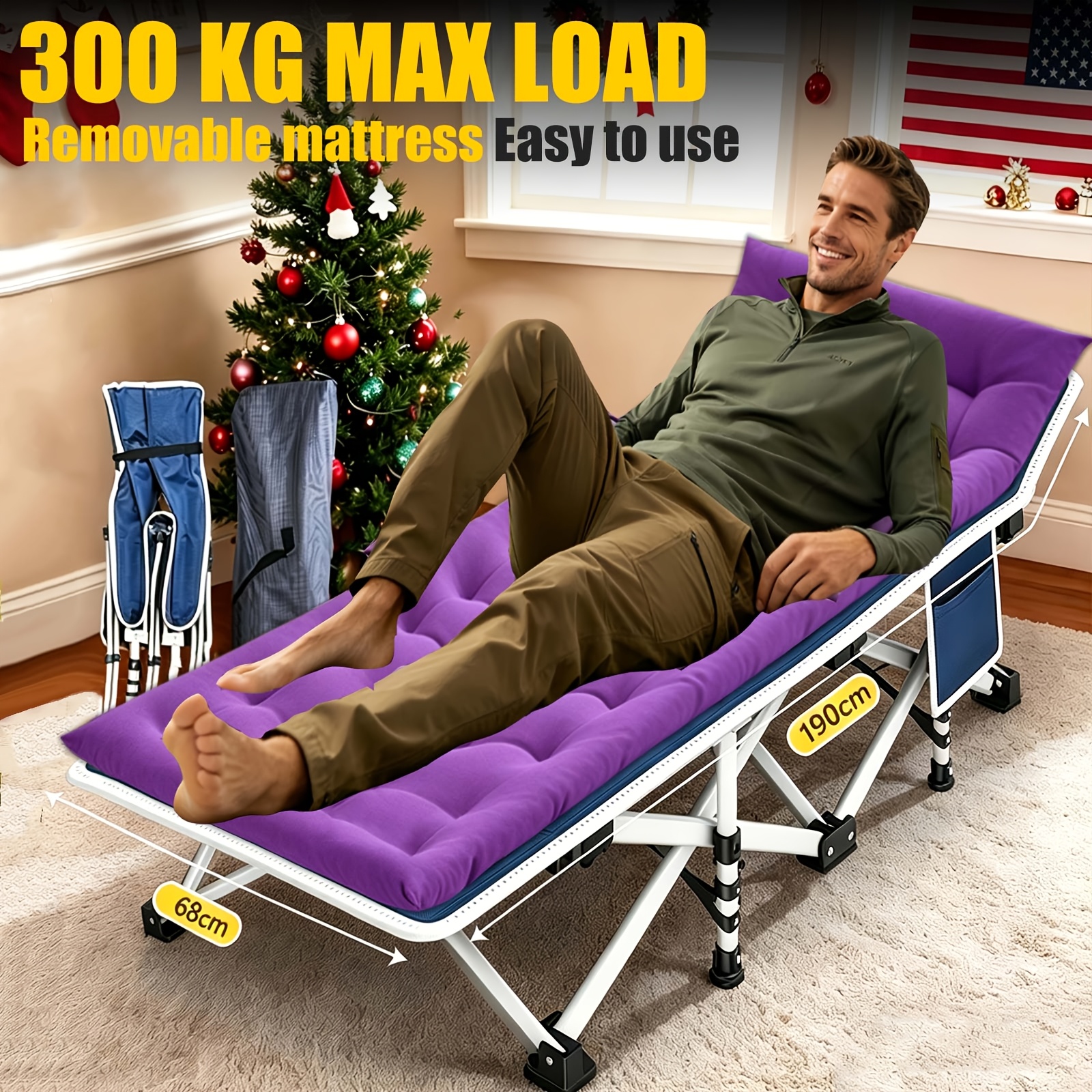 TEMU Cama Plegable de Camping XL, Cama Portátil Resistente para Adultos con Colchón, Cama Plegable Acolchada para Camping, Oficina, Hogar, Playa y