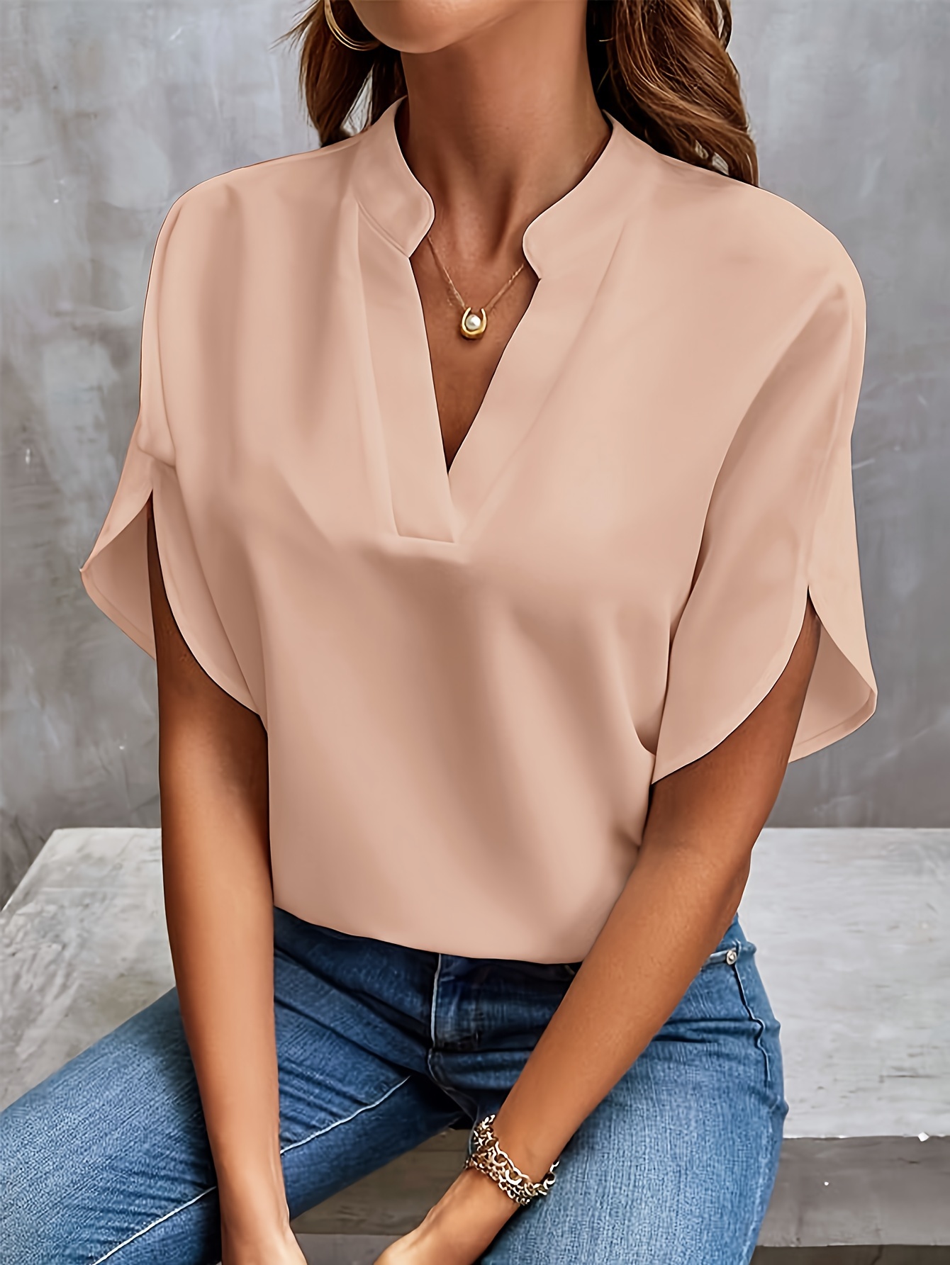 solid color notch neck blouse, casual short split sleeve blouse for spring & summer, women's clothing lotus   0