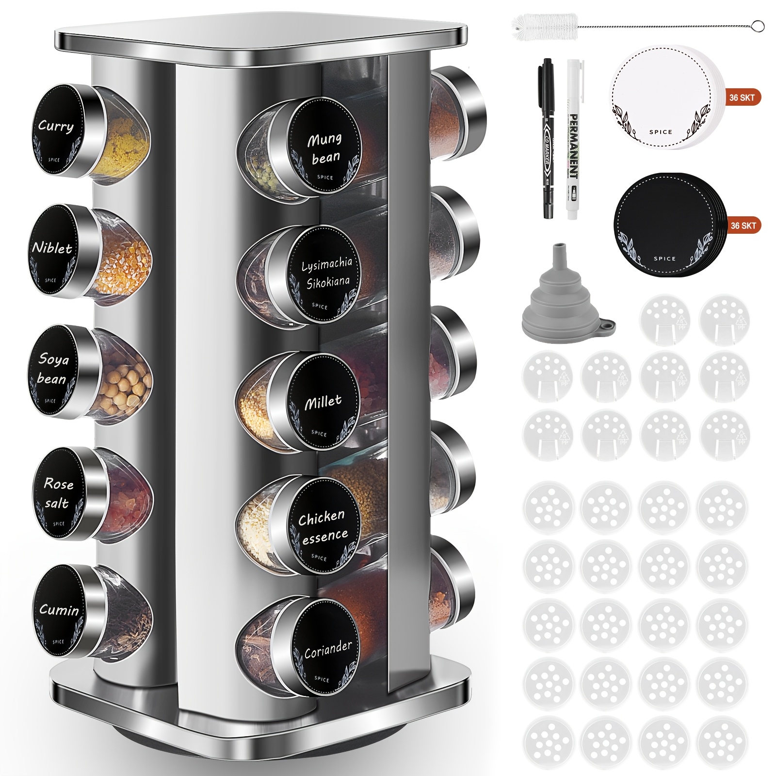 TEMU Spice Rack, Spice Rotating Rack, Including 20 Round Spice Jars, 360-degree Rotating Stainless Steel Spice Storage Rack, Vertical Spice Rack,