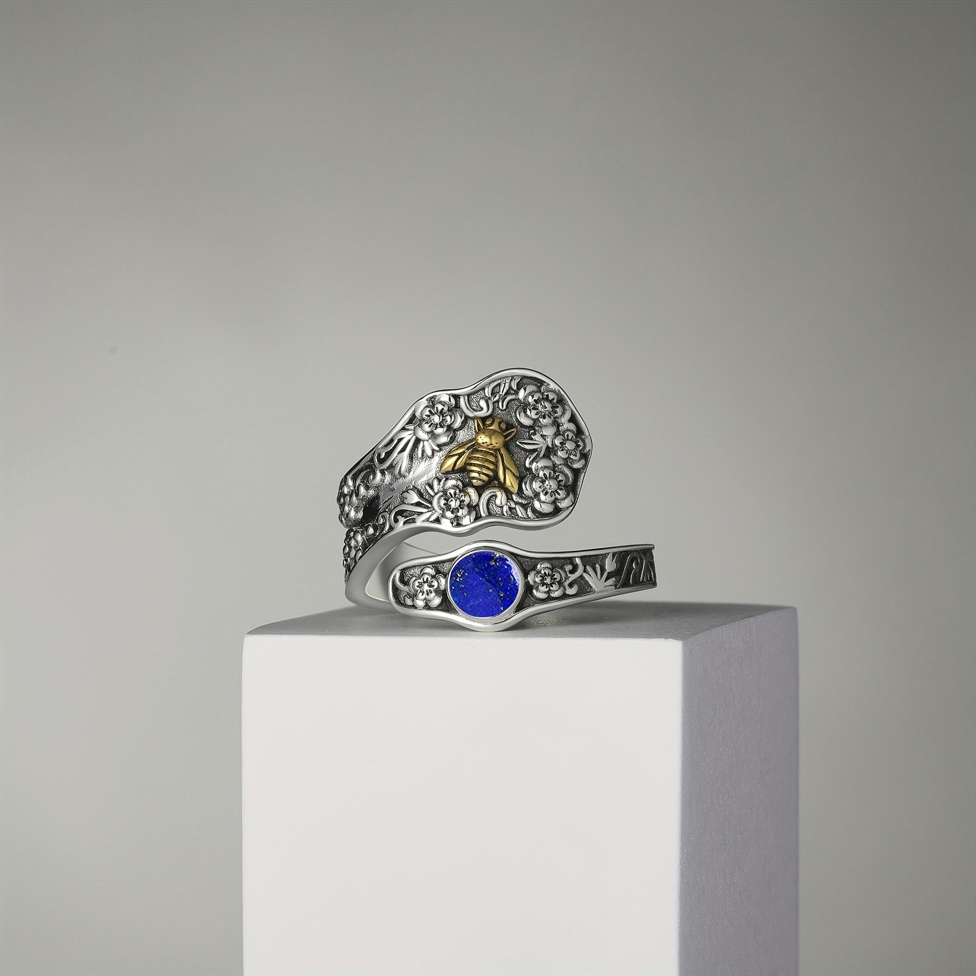 925 Silver Lapis Lazuli Ring Adjustable Spoon Rings for Women