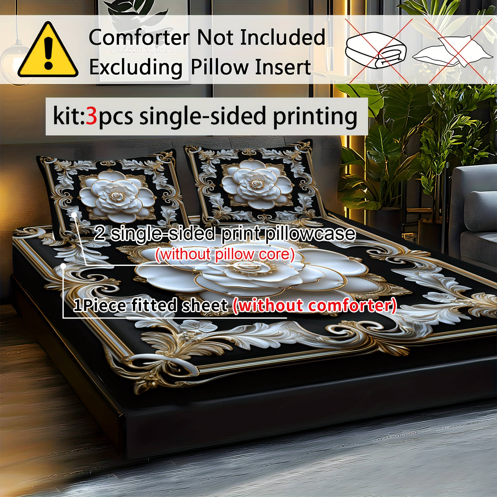 TEMU 3pcs Floral Print Fitted Sheet Set, Luxurious Black And Golden With Ornate Frame, Breathable Polyester, Machine Washable For Ideal For Bedroom