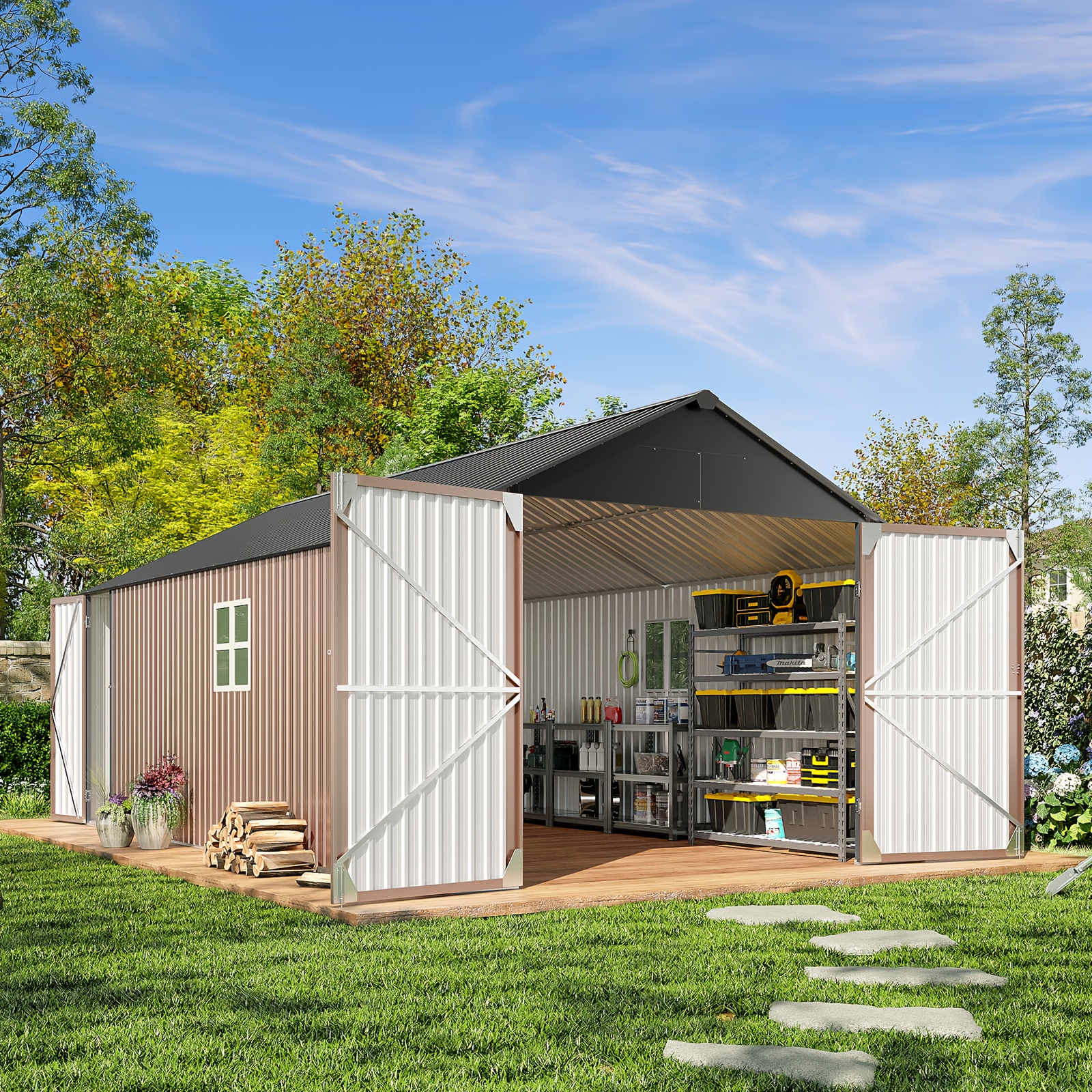 12x20x9 3 6x4ft metal storage shed outdoor garden shed kit lockable tool shed backyard shed with double hinged doors 4 windows carport for car truck bike and lawn mower equipment brown 12x20x9 3 6x4ft  