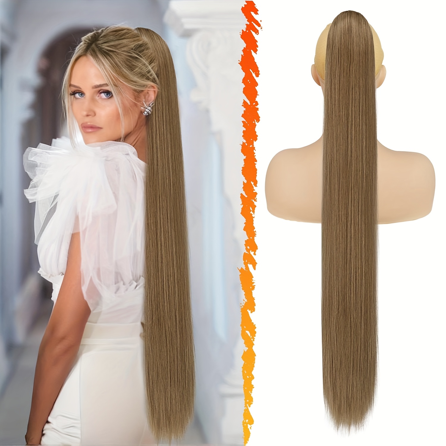   brown ponytail extension 34 inch long straight drawstring ponytail hair extensions synthetic clip in pony tails hairpieces   straight ponytail for women girls daily details 1