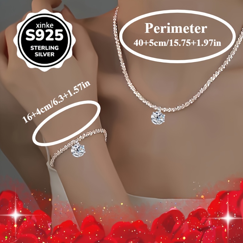 2pcs 925 Sterling Silvery Rhinestone Necklace & Bracelet Set