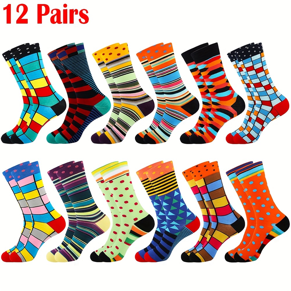 

12 Pairs Unisex Fun Patterned Dress Socks - Cotton Blend, Geometric Design, Machine Washable, Knit Fabric, Cotton 80%, Acrylic 15%, Spandex 5%, Suitable For Adults And Teens