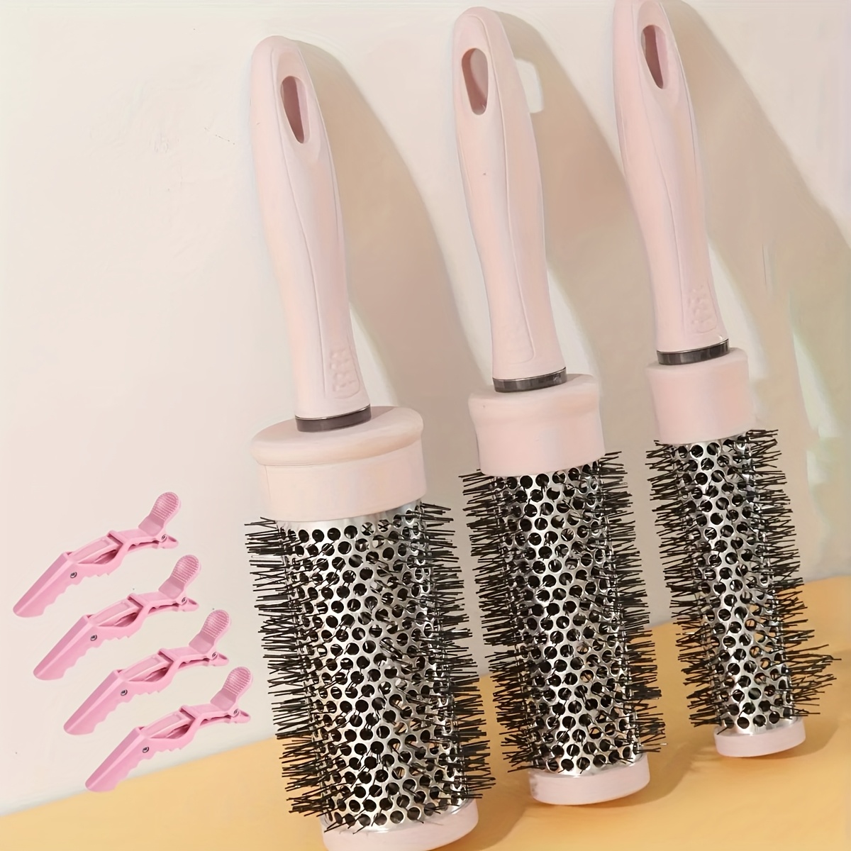 TEMU Set de 7 peignes pour coiffure - Brosse à rouleaux frisants à canon rose, Peigne de coiffure professionnel volumateur, Brosse à rouleaux à tube