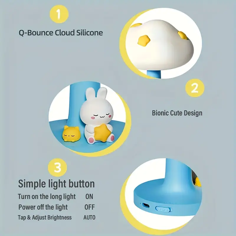 1 cloud shaped usb rechargeable night light with touch control 3 adjustable brightness levels indoor led desk lamp for bedroom living room office and kids room relaxation ambiance relaxation ambiance lamp design usb rechargeable lamp night light for bedroom Product details 9
