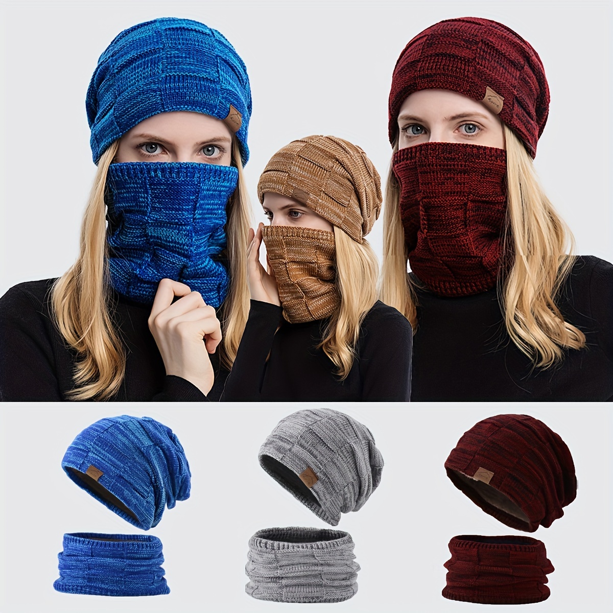 

2 pièces de bonnet tube tricoté de couleur unie et de guêtre de cou, chapeau et chaud et écharpe infinie, idéal pour son cadeau