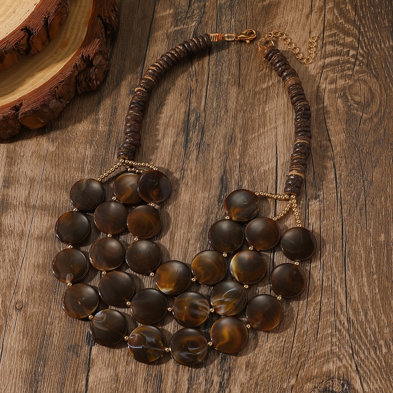 TEMU Bohemian Style Vacation Geometric Round Plate Necklace, Coconut Shell Acrylic Handmade Bead Necklace, Fashion Clavicle Chain, Random Of Colorful