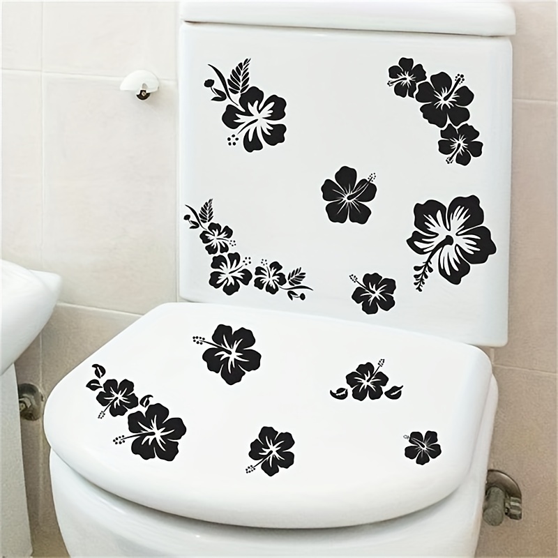 Image of Black Floral & Toilet Decals - Self-adhesive Bathroom Wall Stickers For Home Decor, Mirror & Glass Accents