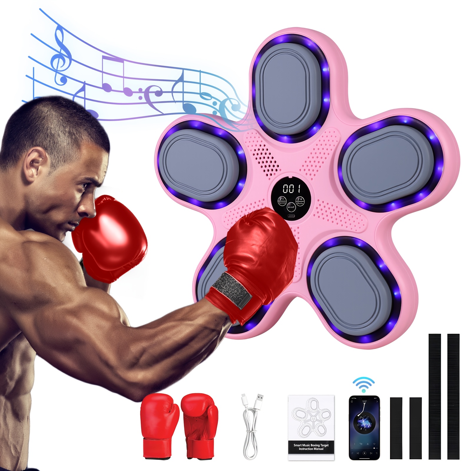 Image of Interactive Music Boxing Machine With Gloves, Usb Charging, Pe Material - Wall-mounted Home Workout And Gear For Adults, Black