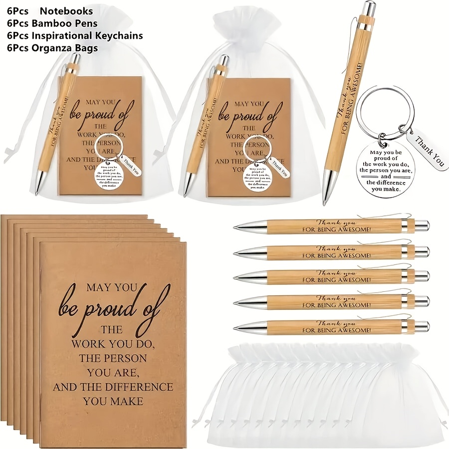24pcs 6sets   6 bamboo pens 6 pocket motivational notebooks 6 inspirational keychains and 6 gift bags   suitable for office employee gifts volunteers nurses teachers for retirement holiday presents