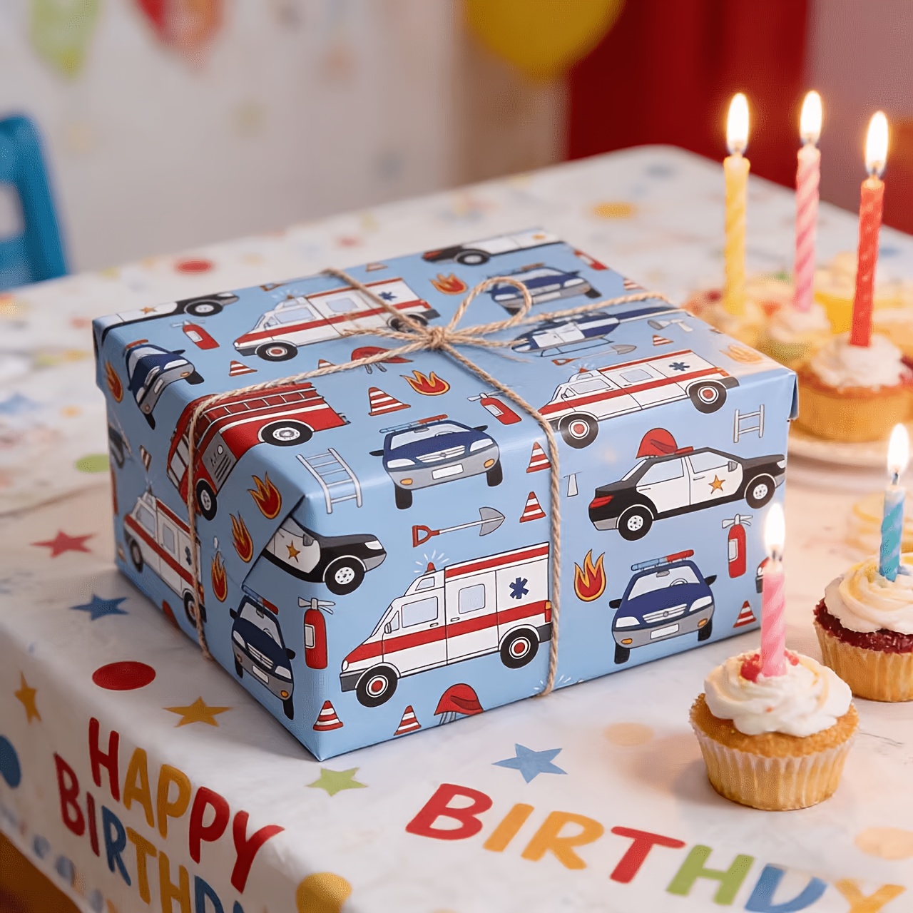 1 Roll 118.11 Inches X 16.93 Inches Cartoon Ambulance Fire Truck Wrapping Paper Birthday Boy Gift Wrapping -themed Gift Paper