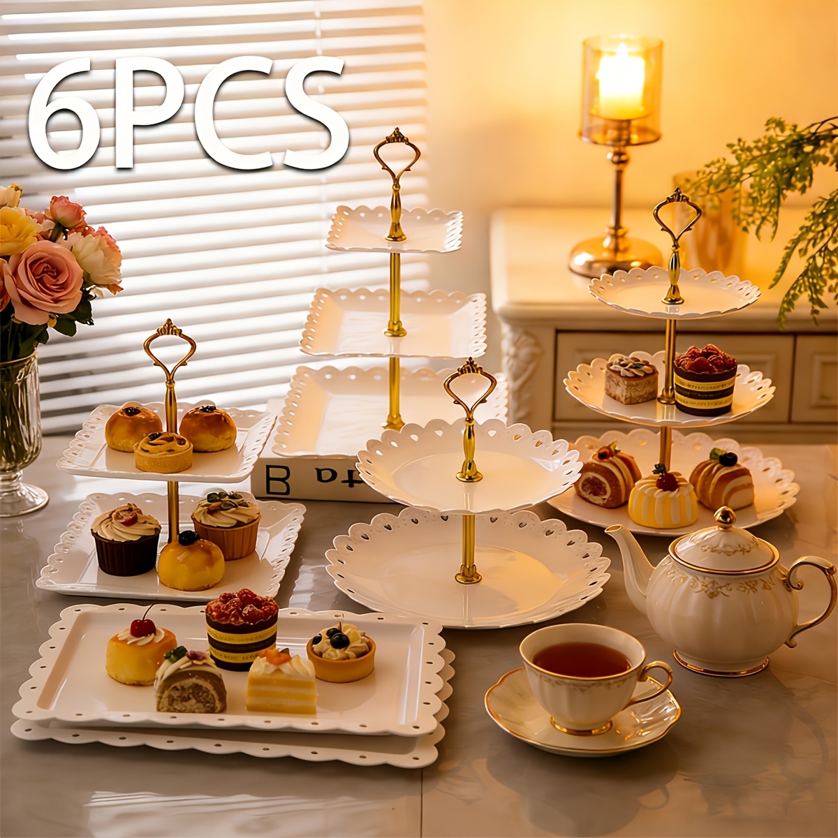 TEMU 6pcs Plastic Layered Dessert Stand And Rectangular Tray Set, Reusable For Cake, Fruit, Party, Wedding Banquet Or Buffet Display
