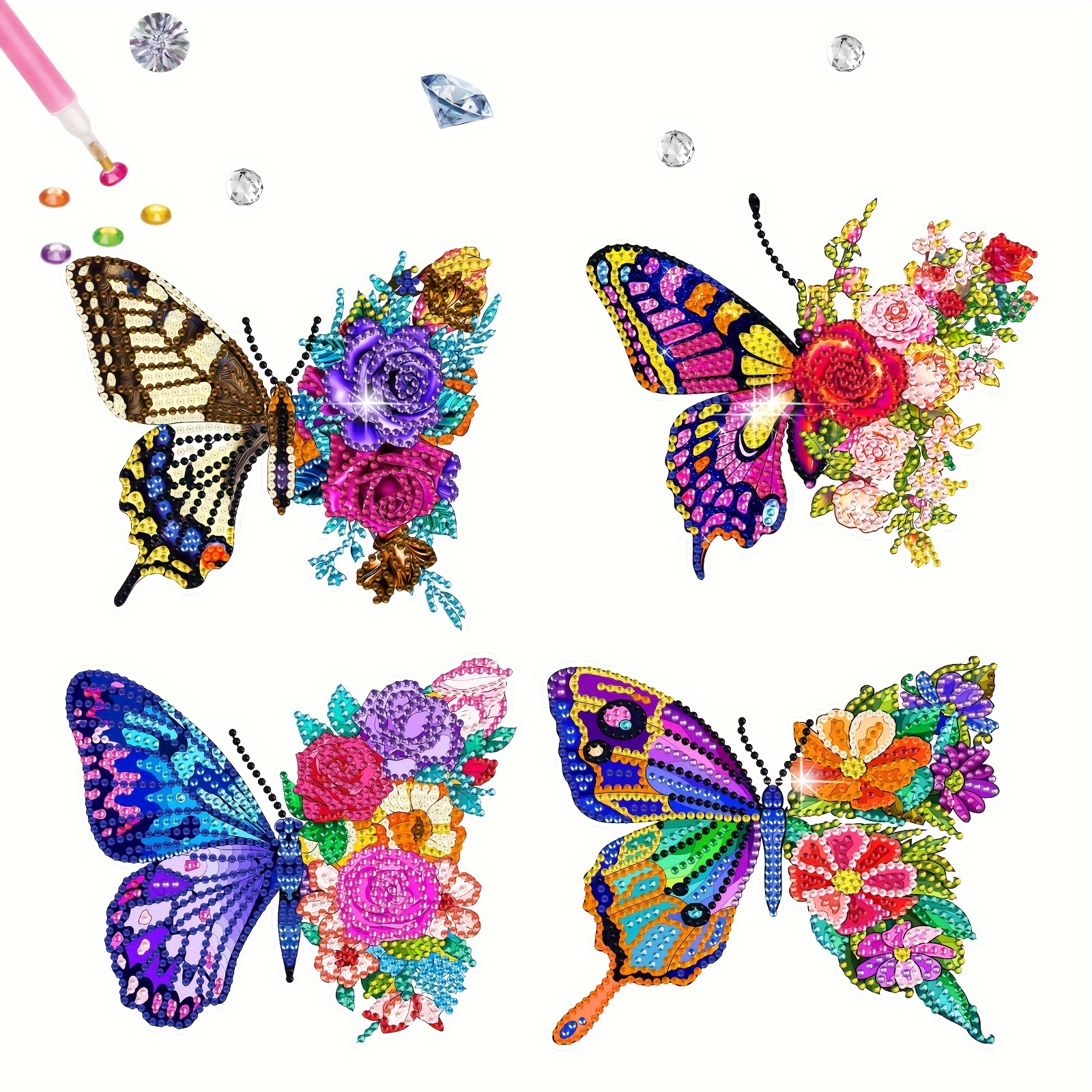 

4pcs 5d Diamond Painting Sticker Kits, Cartoon Animal Theme Round Diamond Acrylic Diy Decorative Stickers For Phone, Water Bottle, Handmade Gifts