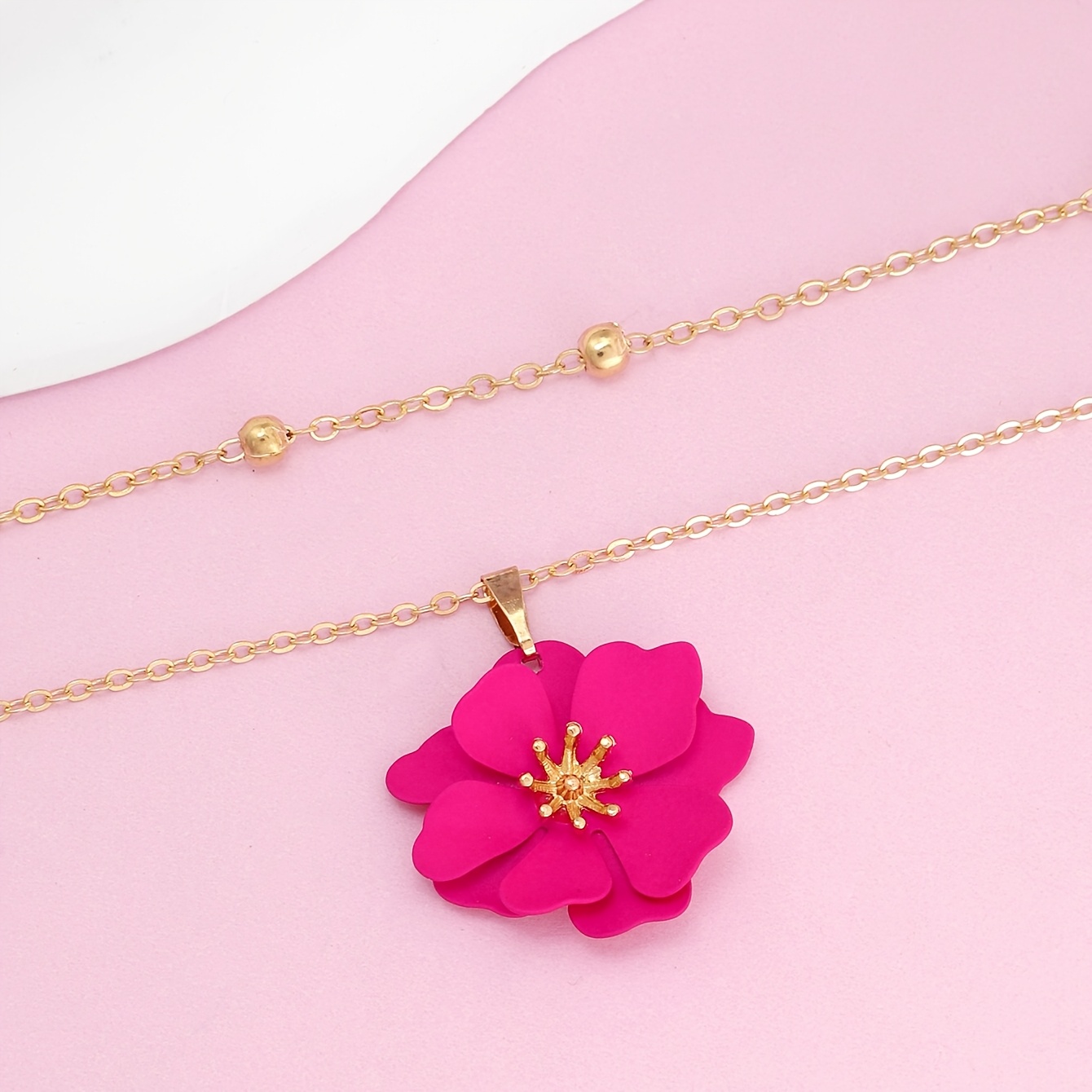 Women's Double Layer Flower Pendant Necklace with Rose Red Charm