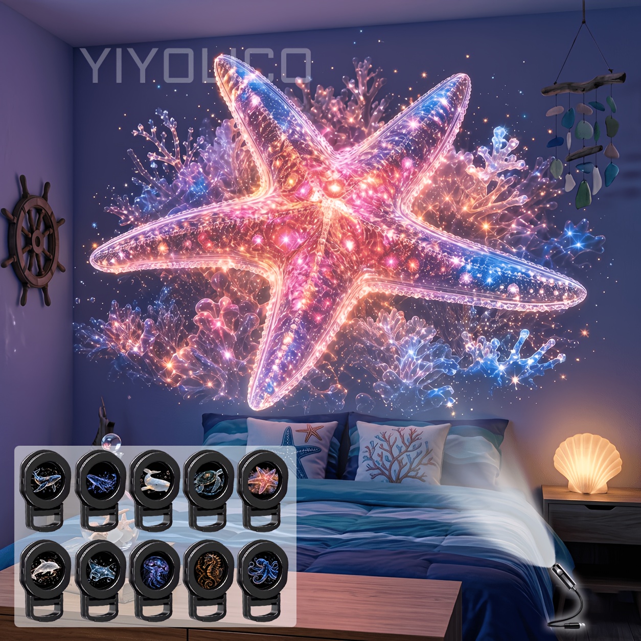 TEMU 10 Patterns Life Usb Projection Light, Whale Turtle Starfish Led Atmosphere Lamp, Portable Usb Gadget For Bedroom, Gaming Room And Car Interior