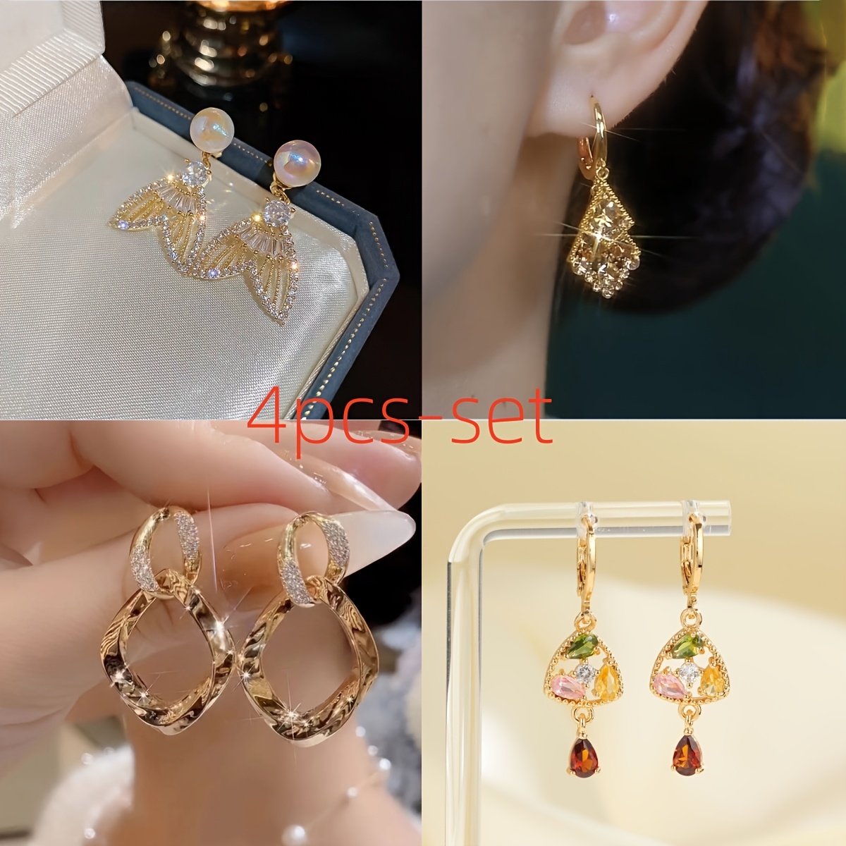 

4pcs Elegant Copper Geometric Earrings Set, Inlaid Synthetic Zirconia, Hoops For Women, Daily & Gift , Valentine's Day Jewelry