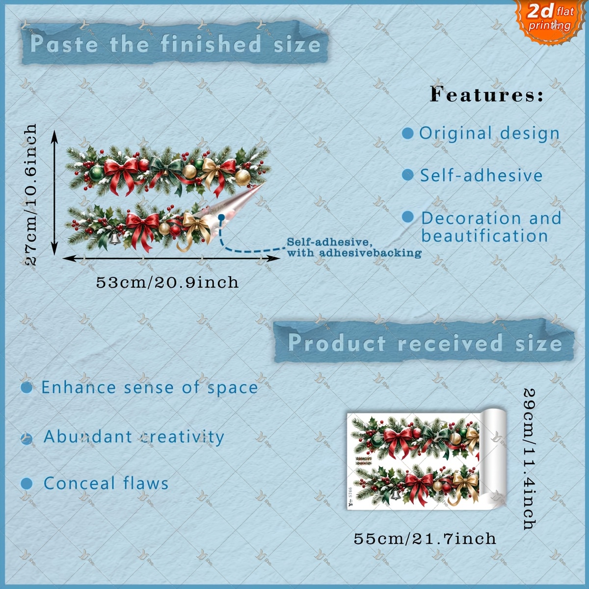 TEMU 2d Flat, 1pc 2d Flat Printed Christmas Hanging Pine Branch Bow Holly *55cm Window Clings Diy Self-adhesive Removable Double-sided Pvc Decor