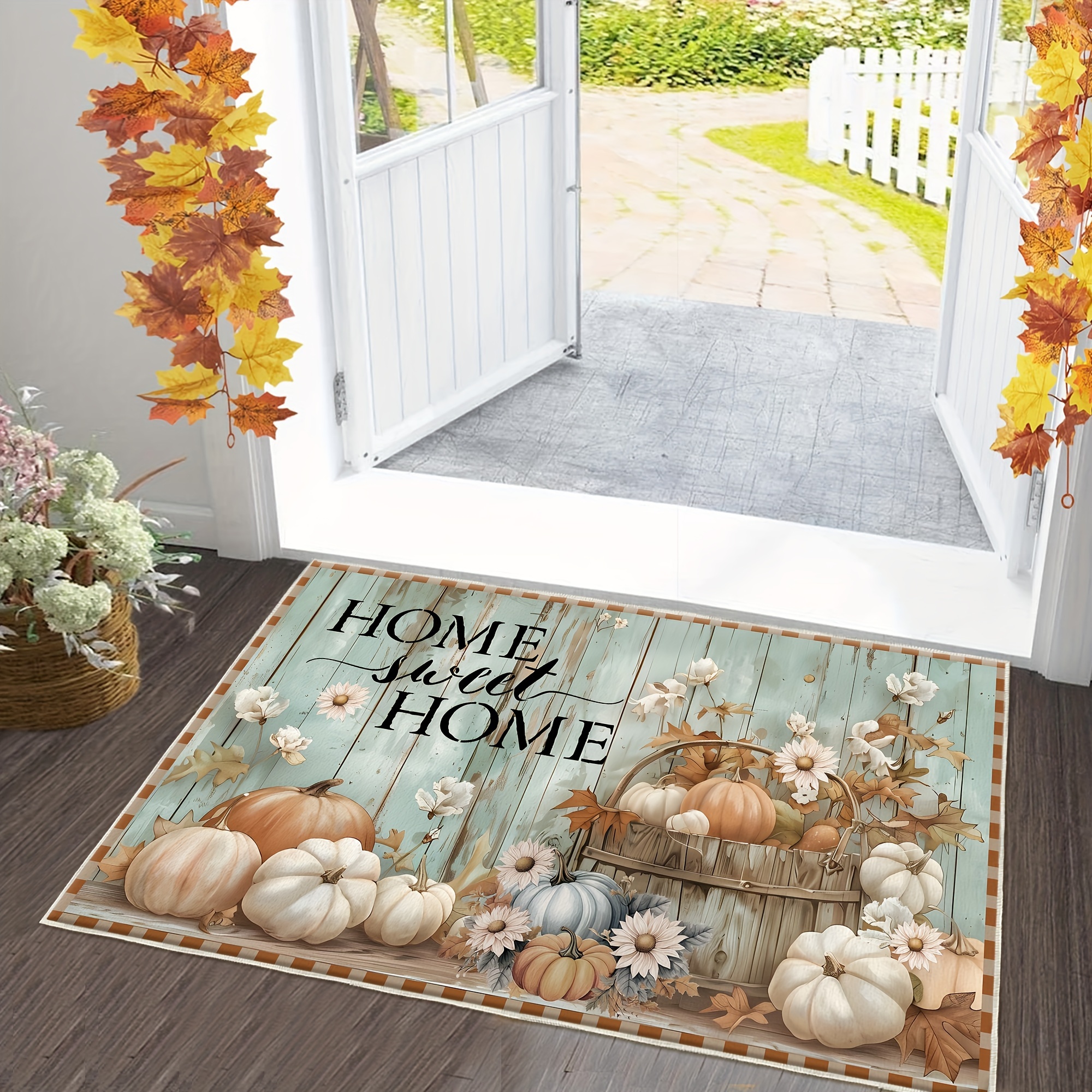 

1pc Autumn Countryside Farmhouse Chic Non-slip Doormat - Lightweight Polyester Velvet Floor Mat, Machine-made, Hand Wash, Rectangular Rug With Pumpkin & Floral Design For Home & Office Decor